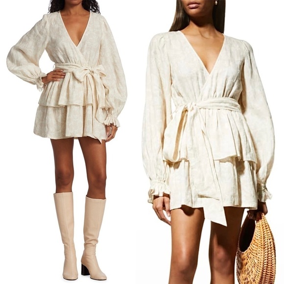 NWT RAMY BROOK Neutral Floral Linen Puff Long Sleeve Tiered Ruffle Mini Dress L - Picture 3 of 11